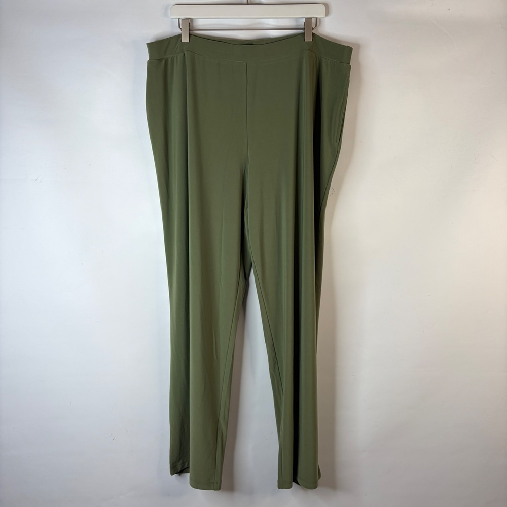 Susan Graver Liquid Knit Pants Women XL Olive Green Straight Leg Pull On Pockets